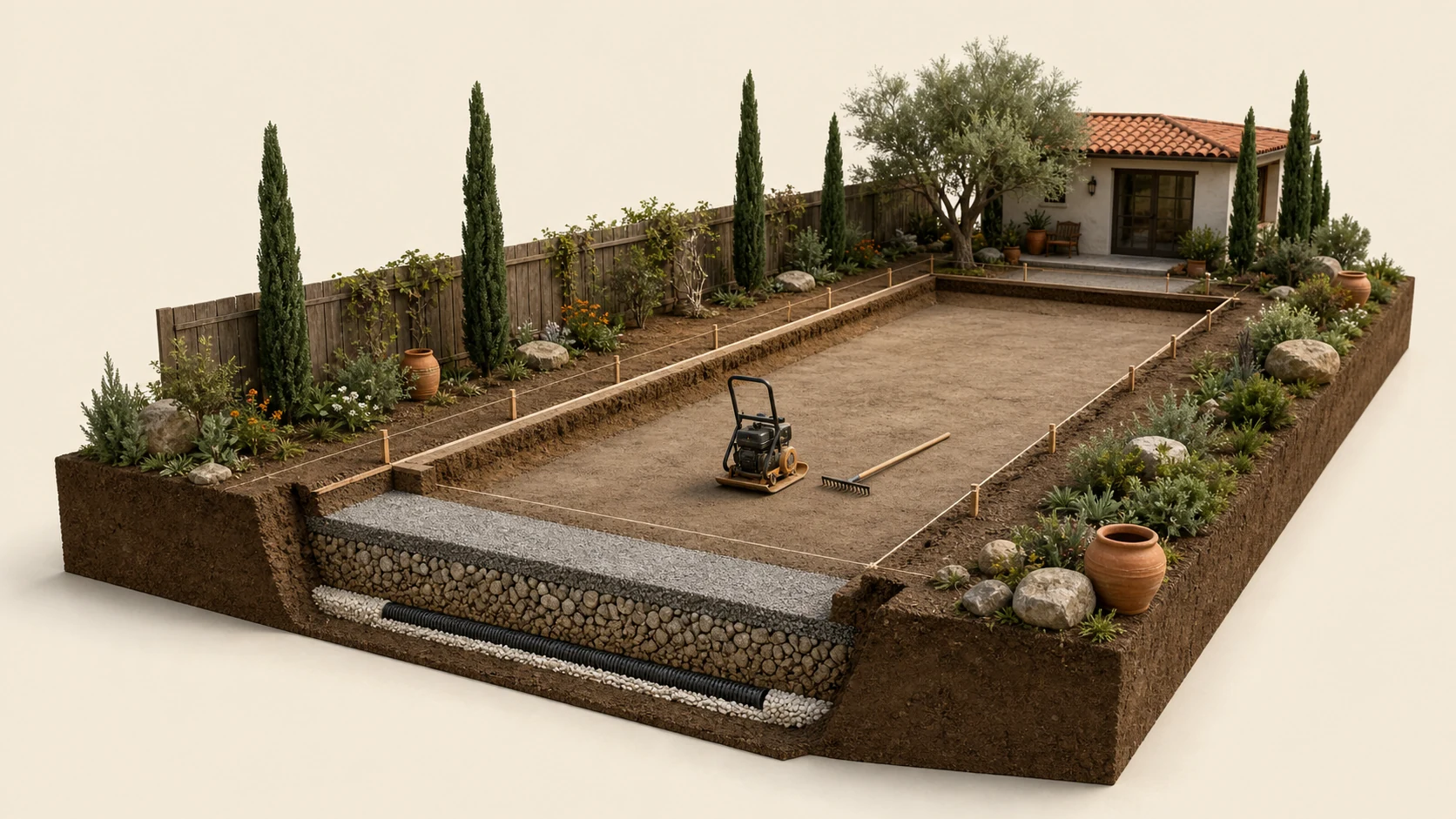 Layered construction beneath a durable bocce court