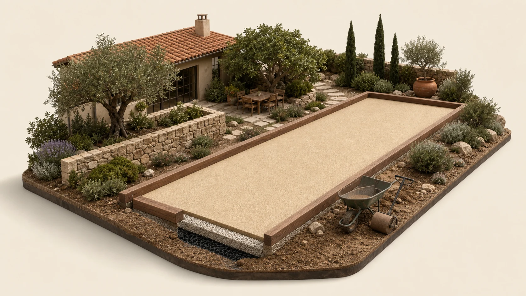 Bocce court surface being finished and leveled