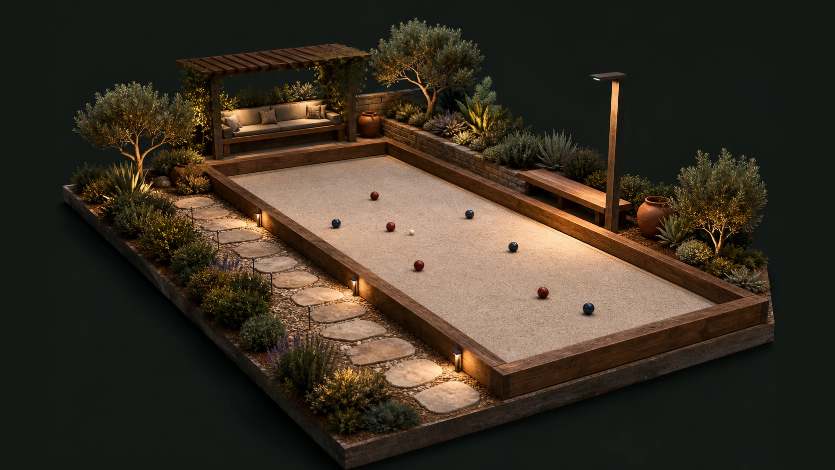 Completed backyard bocce court ready for evening play